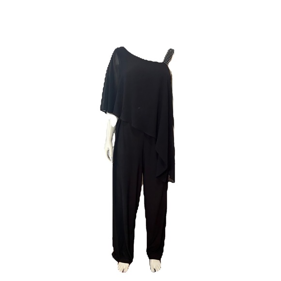 EMMA & MICHELE BLACK JUMPSUIT ONE SHOULDER STUDDED AND ONE SHAWL ELASTIC WAIST S - Picture 9 of 10